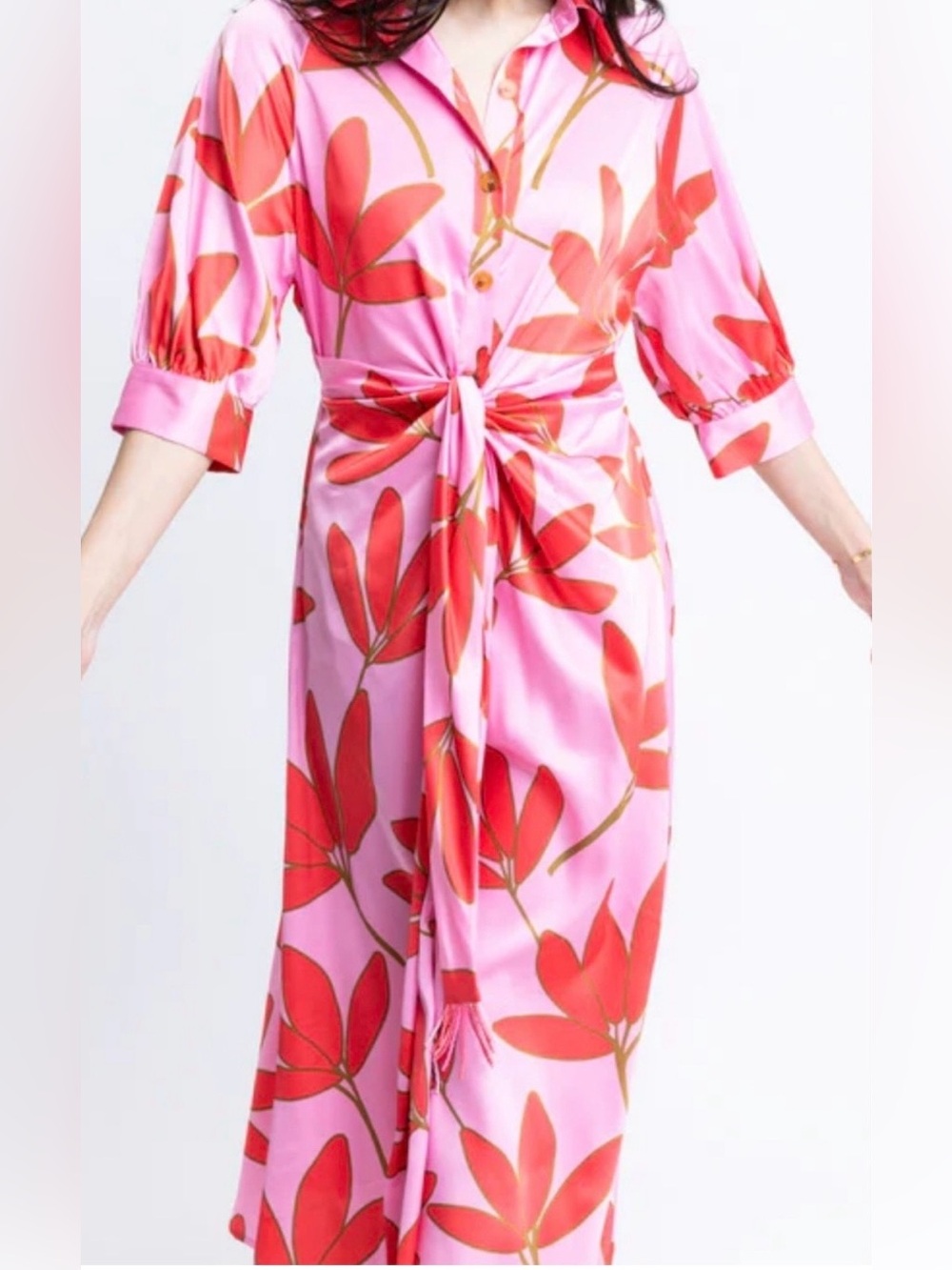 Karlie Satin Palm Floral Pink Maxi Dress with Beaded Tassel Sash Belt Size L